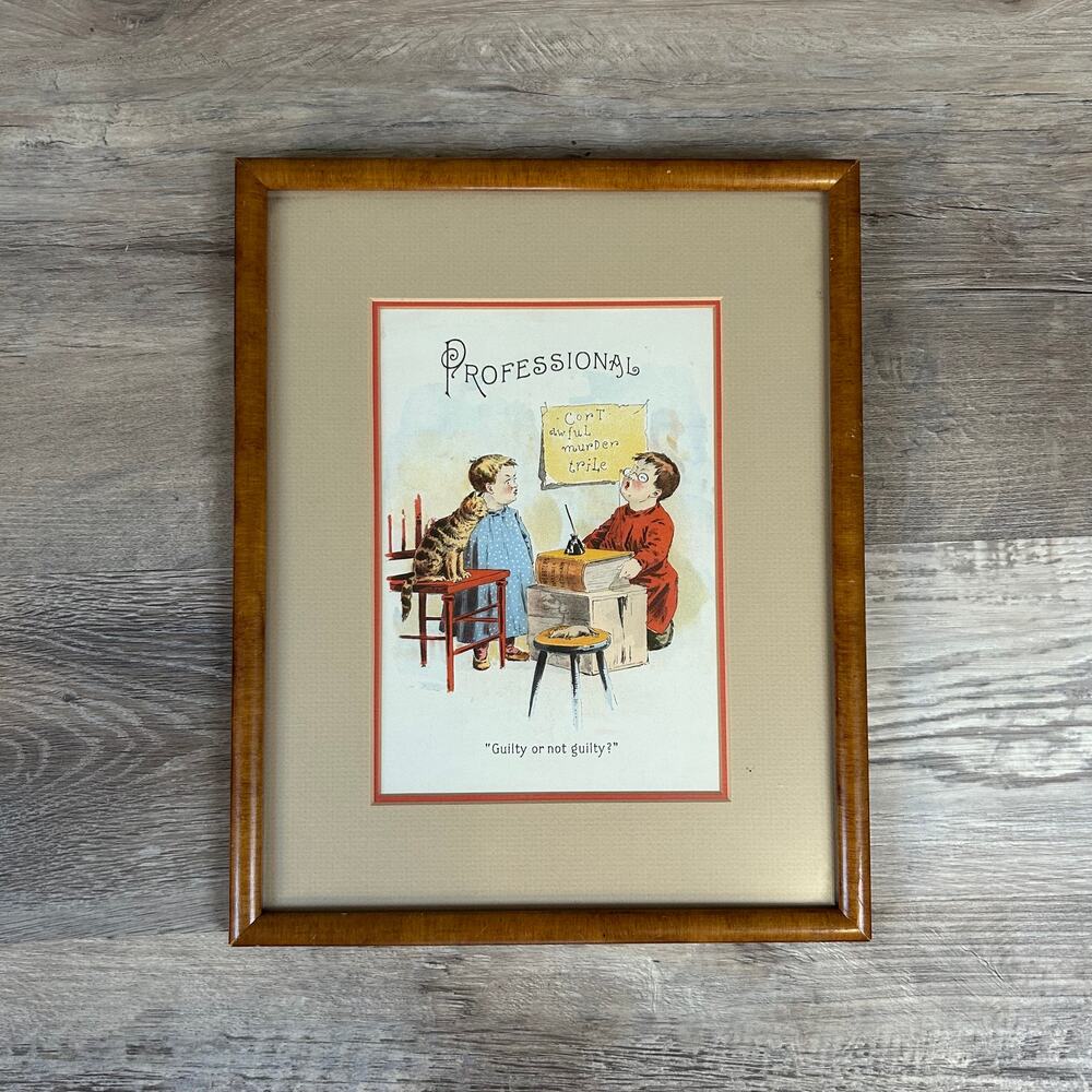 Vintage Framed Courtroom Cat Art Print Guilty Not Guilty Lawyer Office Decor